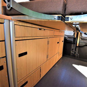 More Storage Below Van Bed with Options for Integrated Water & Power 
